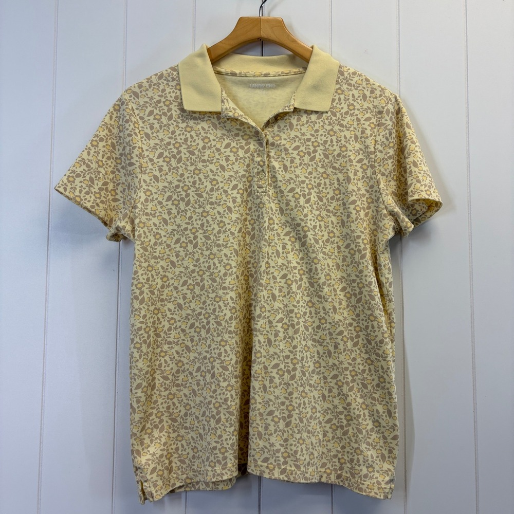 Lands End Preppy Floral Polo Shirt Women Size L Coastal Grandma Cottage Casual